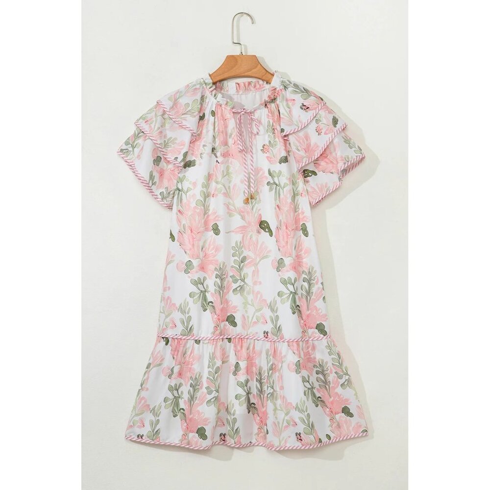 Pink Floral Contrast Edge Layered Short Sleeve Mini Dress Size XL - Picture 3 of 4
